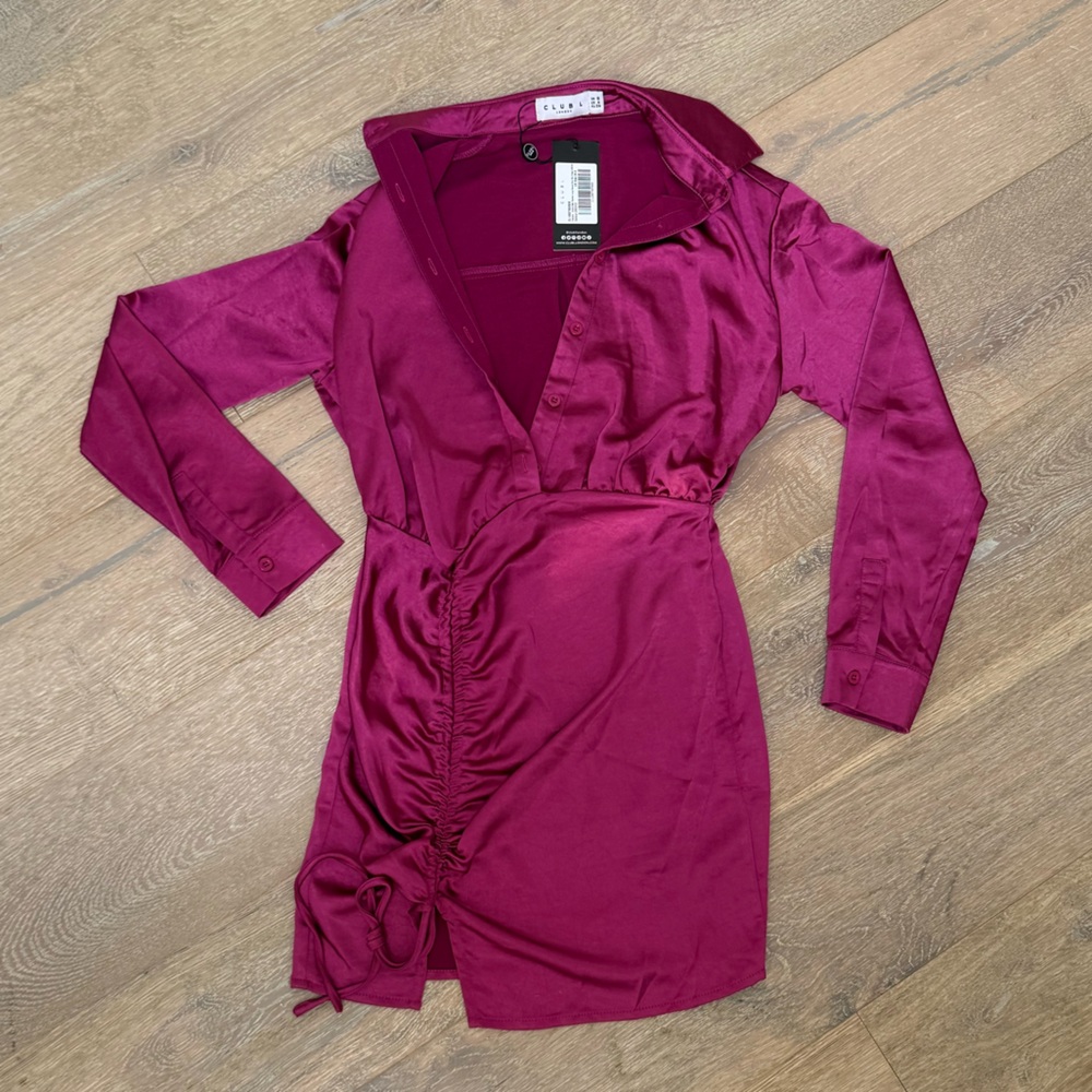 Club L Orchid Satin Ruched Long Sleeve Shirt Mini Dress